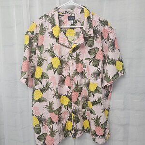 Place Shirt Hawaiian Pineapple Pink Button Up Resort Vacation Casual Cotton 2XL